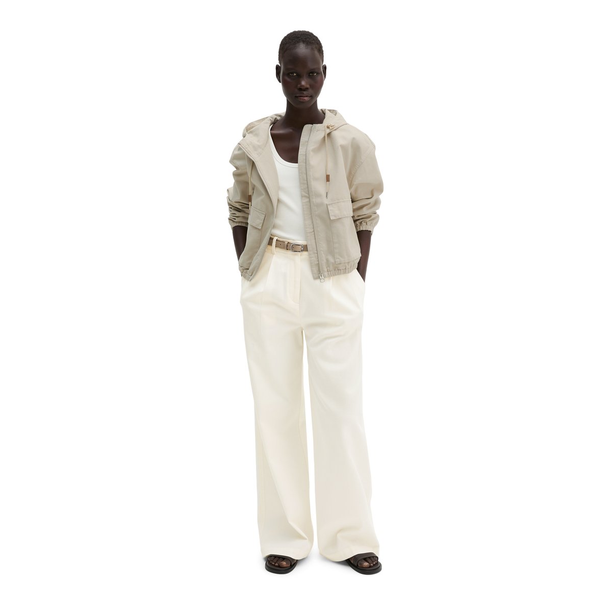 Veste outdoor avec capuche relaxed en toile de coton peignée beige, MARC O'POLO