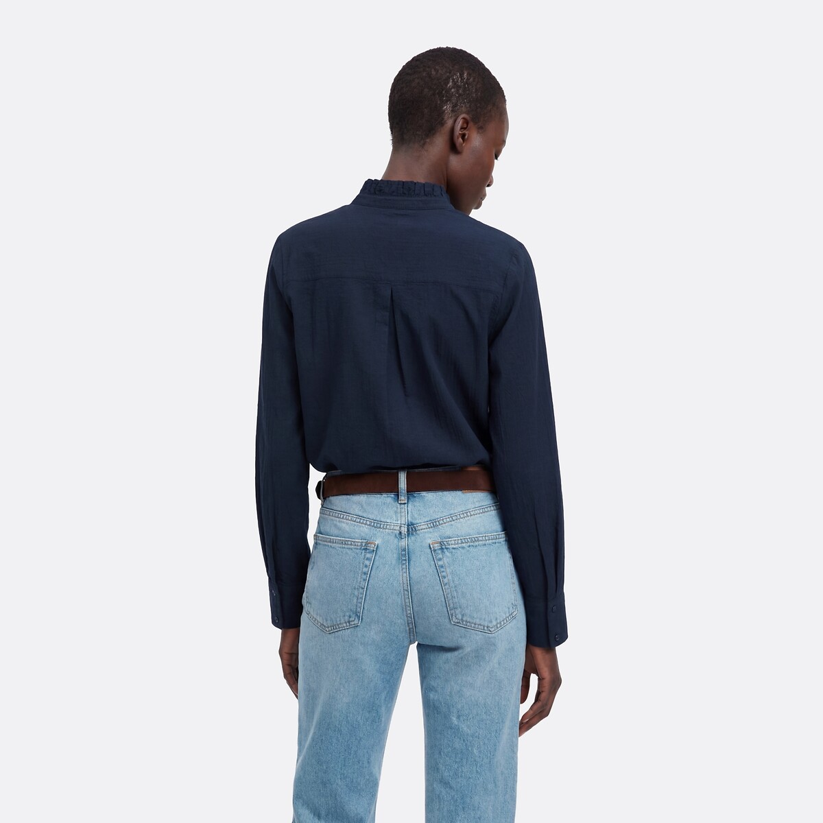 Chemise à col volanté manches longues en coton seersucker bleu marine, LA REDOUTE COLLECTIONS