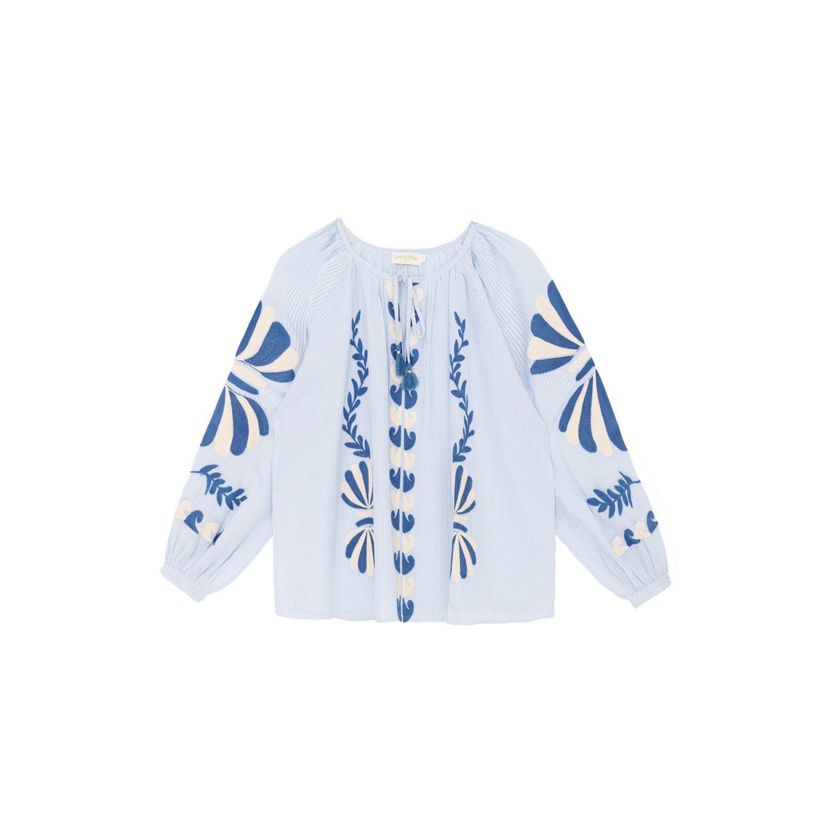 Blouse manches longues col rond imprimé broderie BIHA 20-ecru/bleu, LA PETITE ETOILE
