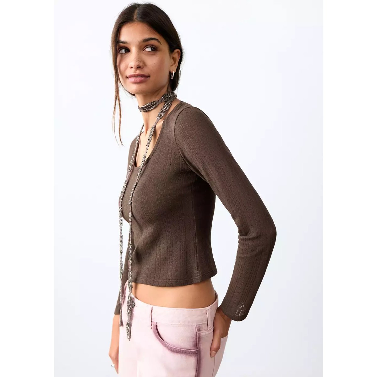 T-shirt en maille fine marron, MANGO TEEN