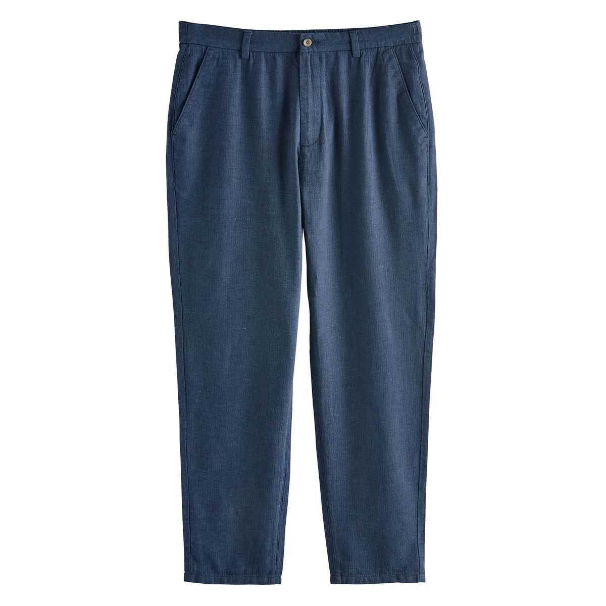 Pantalon texturé en lin à taille élastique bleu marine, NEXT