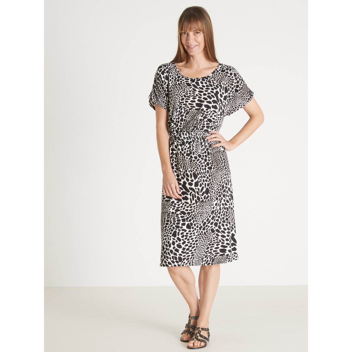 Robe maille fluide encolure bateau imprimé noir, DAXON