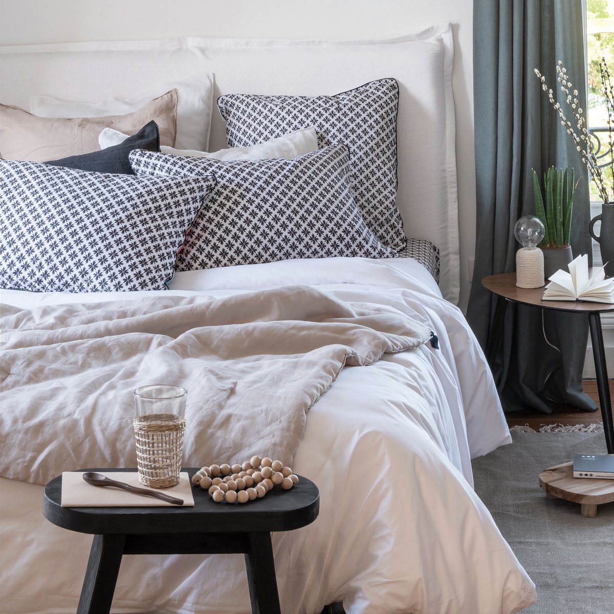 Housse de couette réversible percale de coton AZULEJOS imprimé, CARRE BLANC