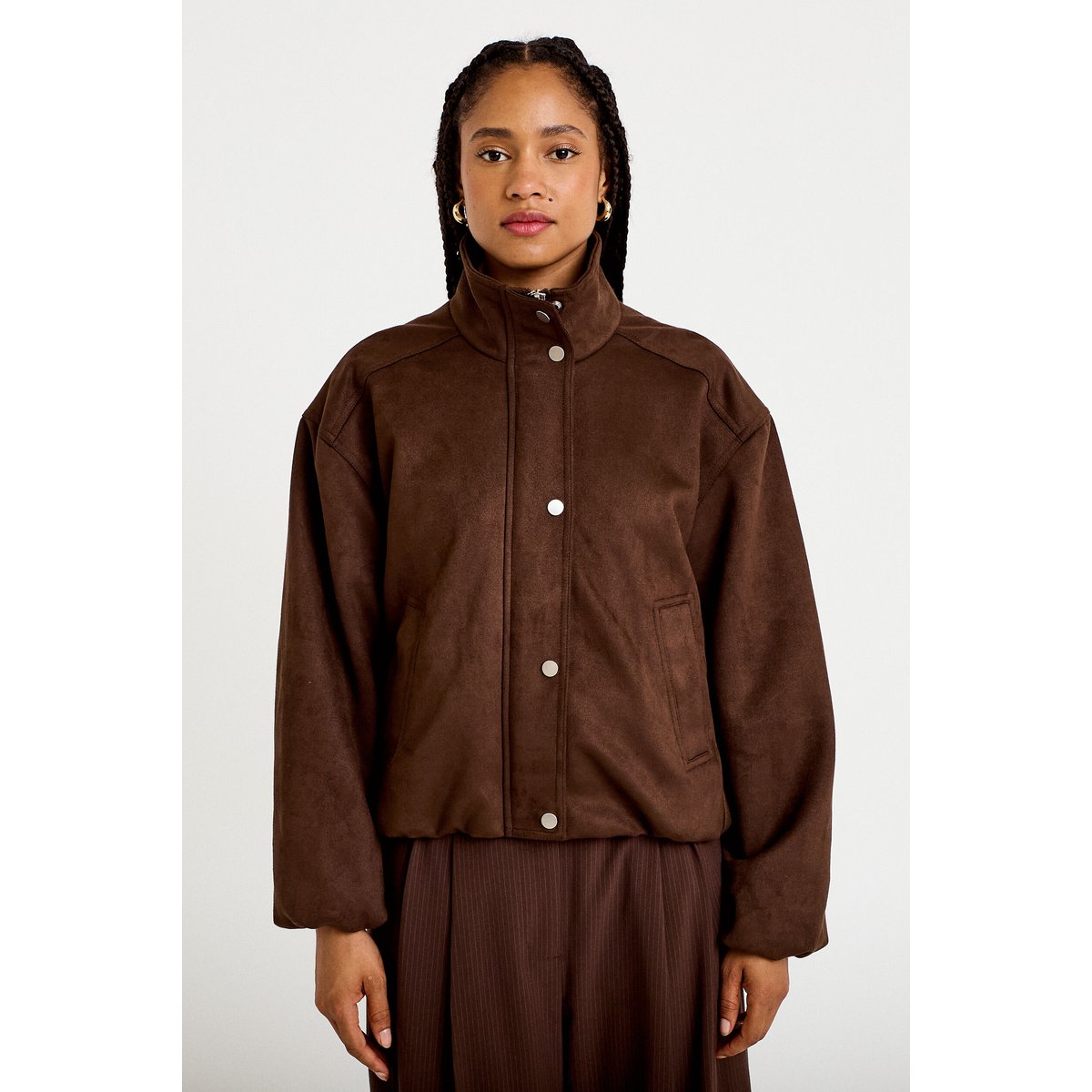 Veste effet boule col montant marron chocolat, CACHE CACHE