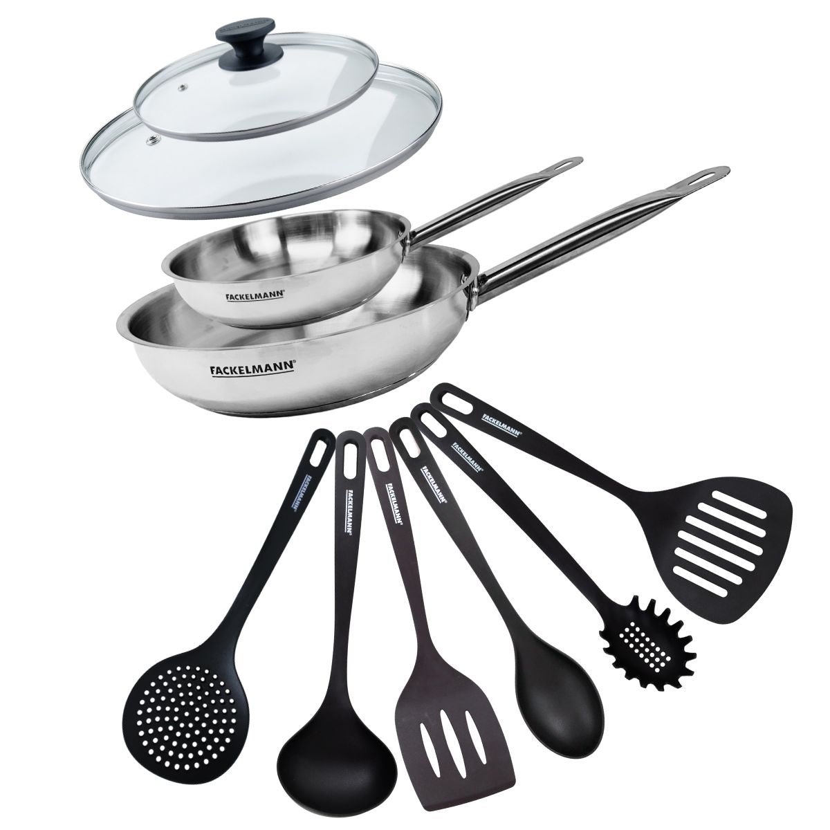 Set de 2 poêles de 20 et , 2 couvercles en verre ETERNA inox|transparent|noir, FACKELMANN