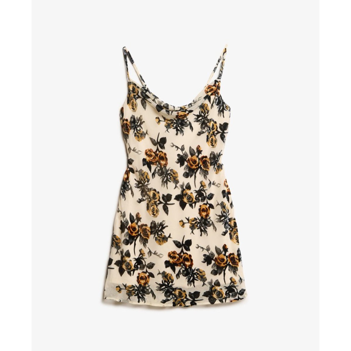 Robe courte en velours dévoré à col bénitier orange brûlé floral, SUPERDRY