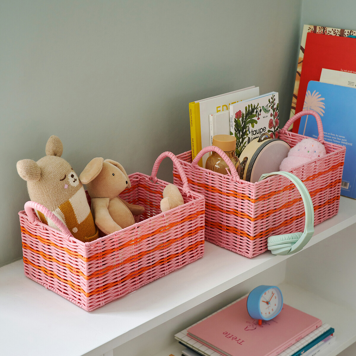 Lot de 2 paniers en scoubidou tressé, CAMY rose/orange, LA REDOUTE INTERIEURS