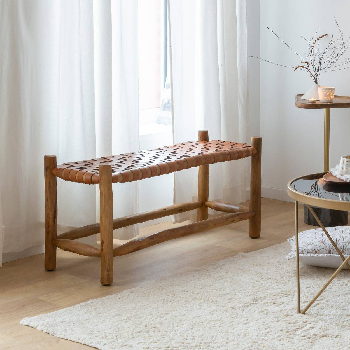 Banc en cuir marron et en bois ZOÉ bois foncé, MADE IN MEUBLES