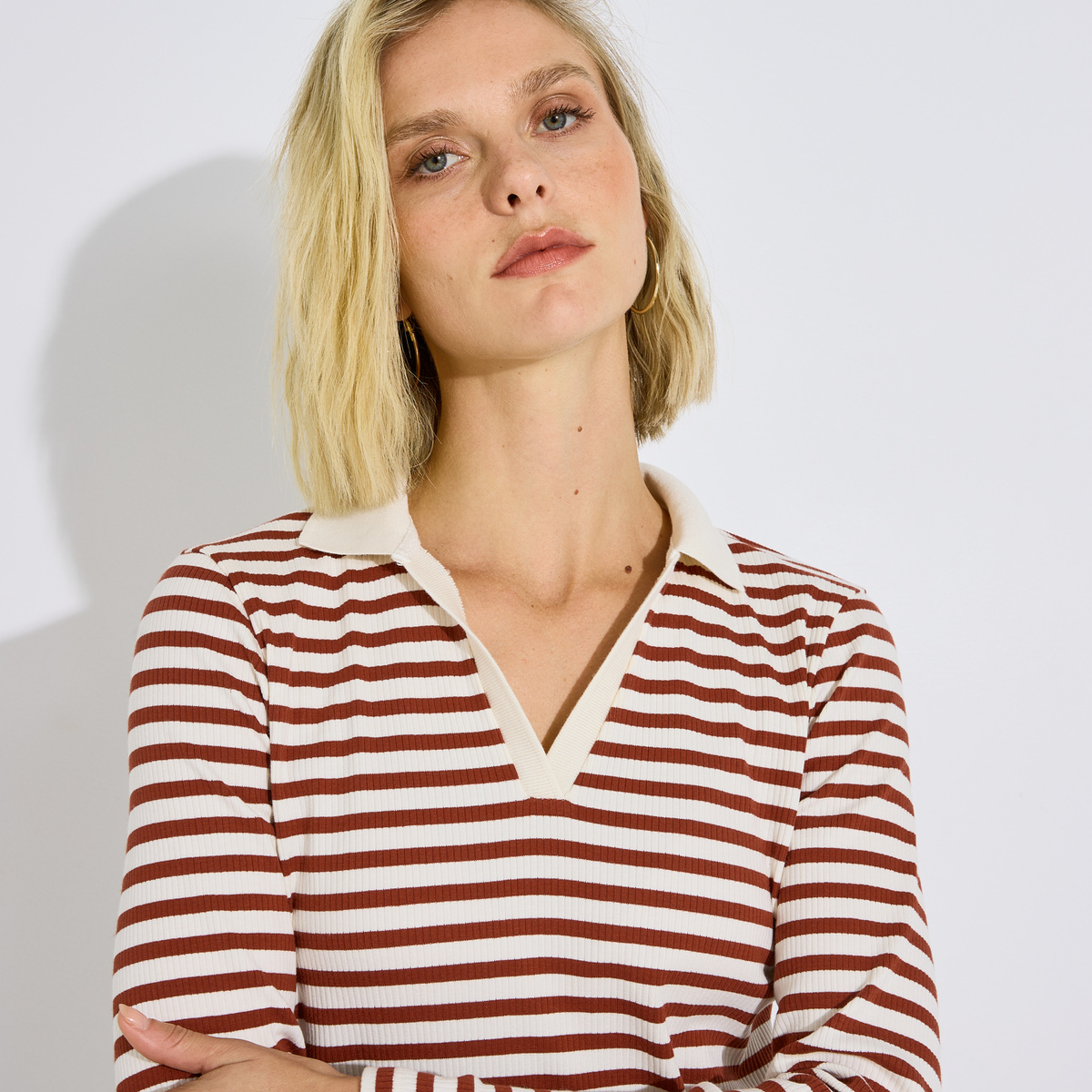 T-shirt col polo rayé orange bordeaux, GRAIN DE MALICE