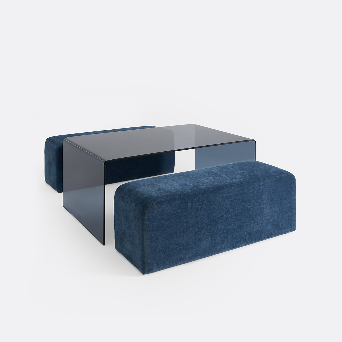 Table basse, plateau en verre trempé, et ses 2 bancs, JOAN bleu, LA REDOUTE INTERIEURS