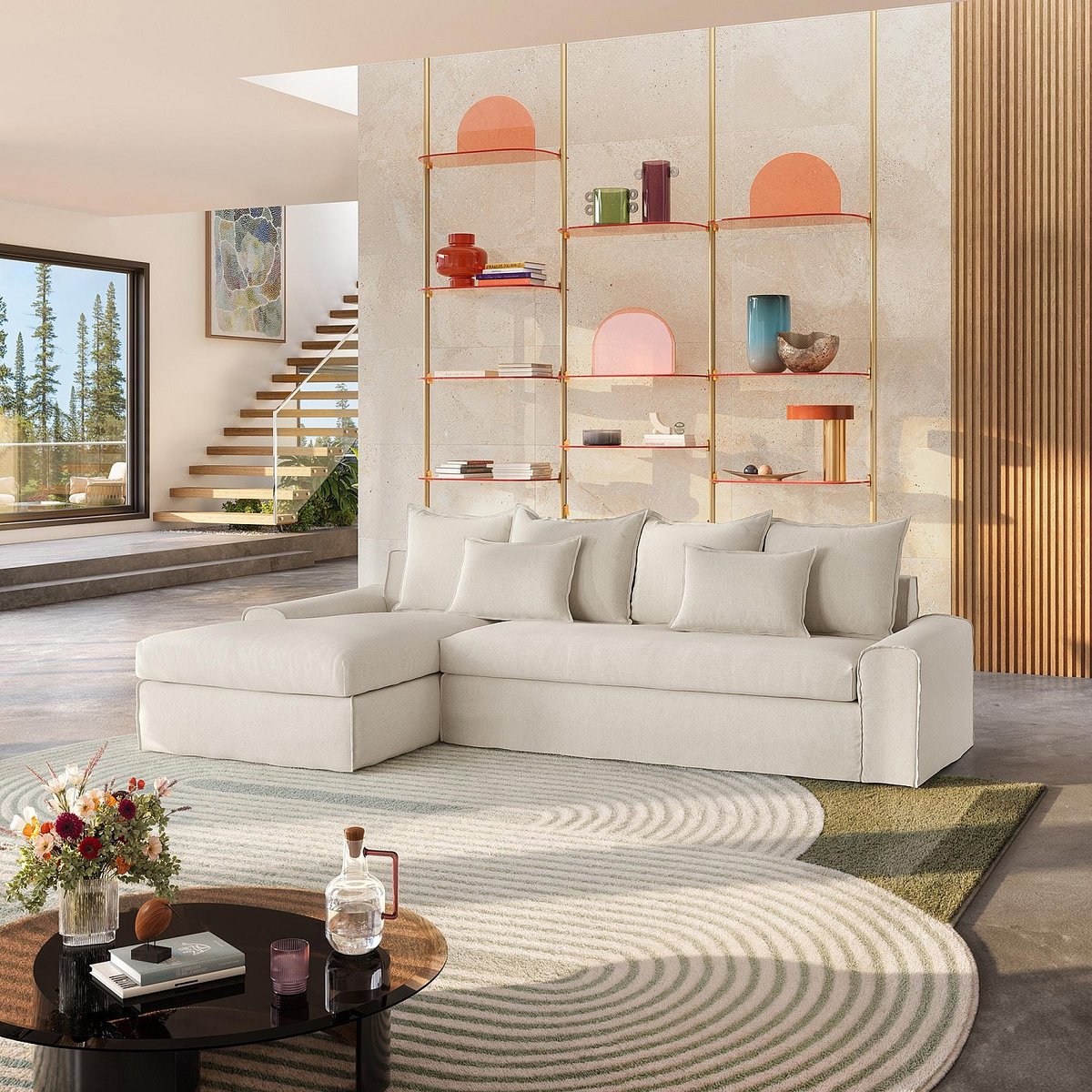 Canapé d'angle gauche déhoussable en coton et lin garni de plumes GINOSA beige, HABITAT