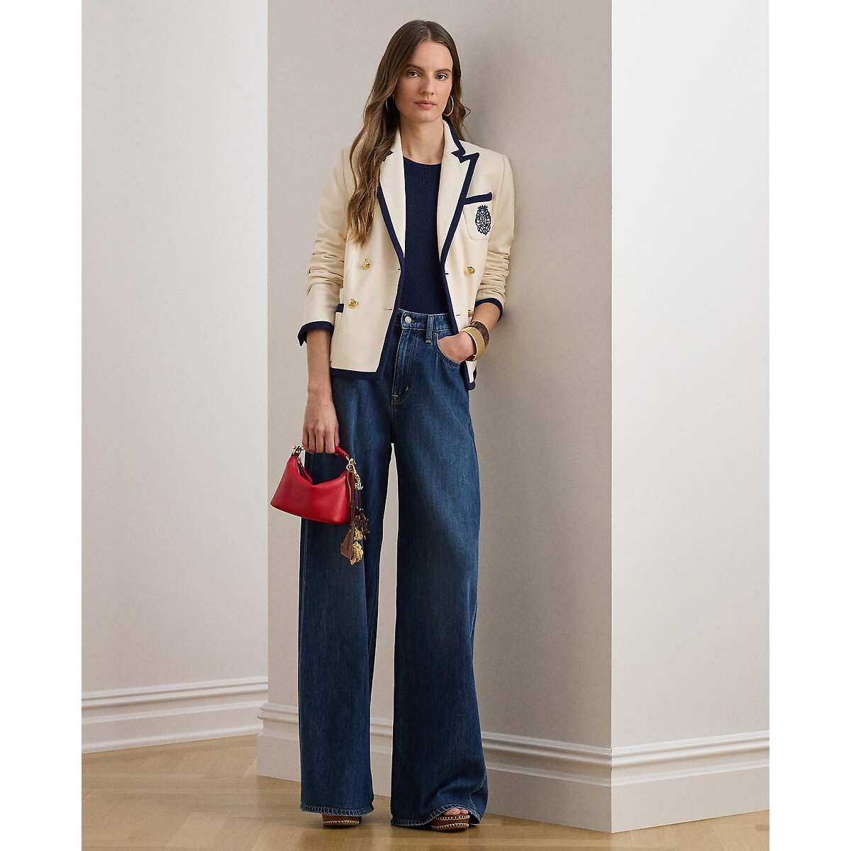 Giacca blazer con stemma ricamato ecru / navy, LAUREN RALPH LAUREN