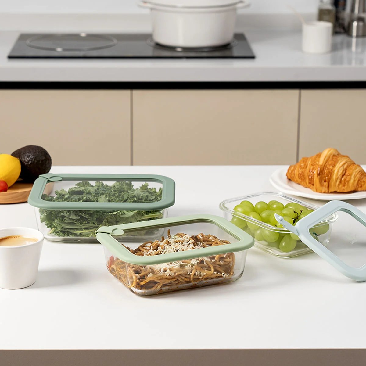 Lot de 3 boîtes en verre rectangulaires avec couvercles (640, 1050, 1520 ml) - Pure vert, LAGUIOLE CUISSON