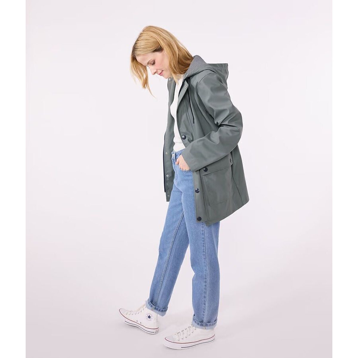 Ciré zippé mi-long à capuche vert sauge, PETIT BATEAU