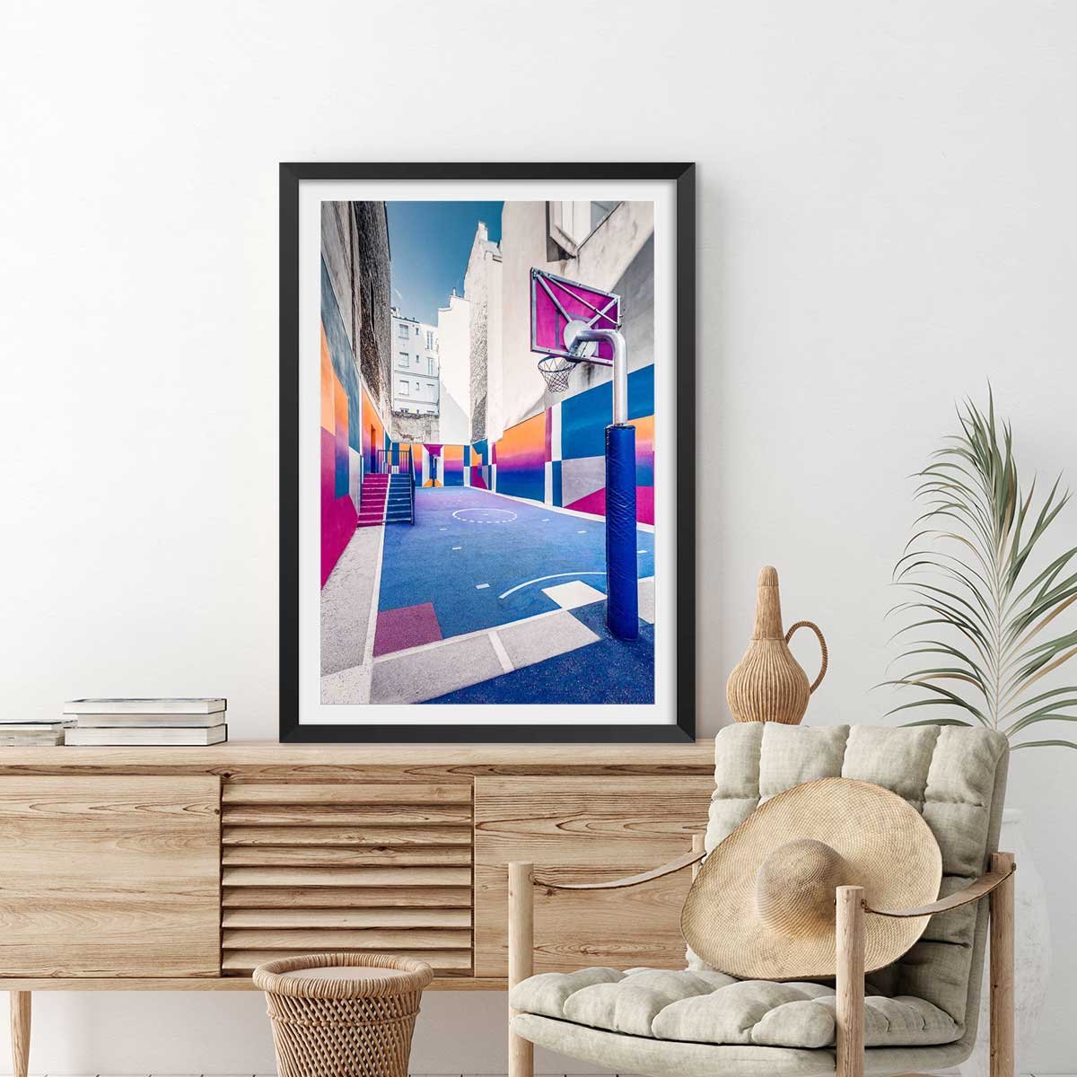 Affiche urbaine city park bleu affiche + cadre en bois - noir, HEXOA