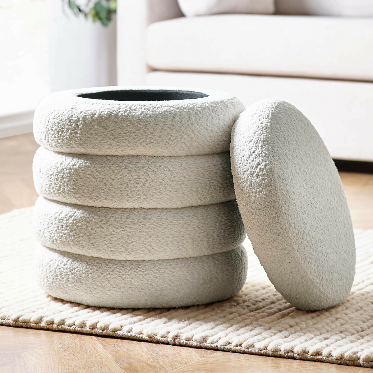 Celes Bouclé Curve Upholstered Storage Stool ivory, SO'HOME