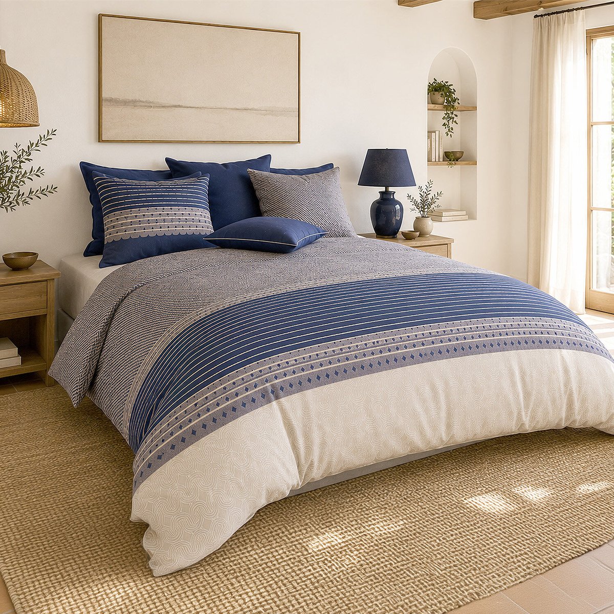 Parure de lit en percale de coton rayures horizontales, BLEVARIS multicolore, ATELIER DU COTON