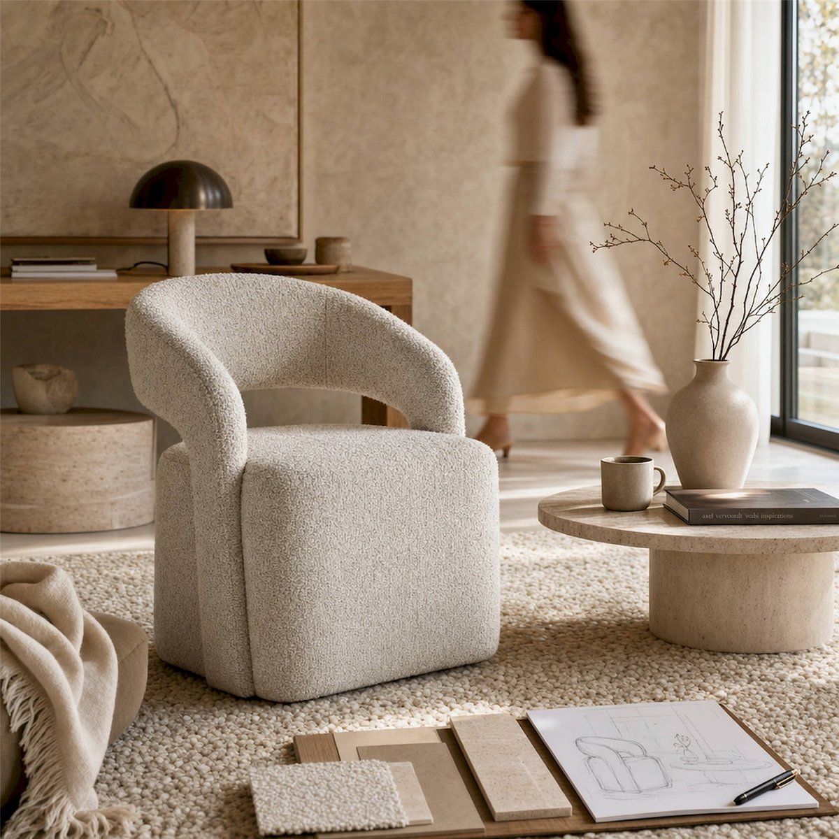 Chaise contemporaine en tissu bouclé crème marbré, RECOLLECTION