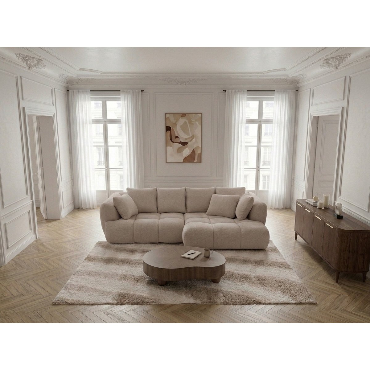 Canapé d'angle convertible 3 places en tissu bouclette, AUDE beige, BOBOCHIC