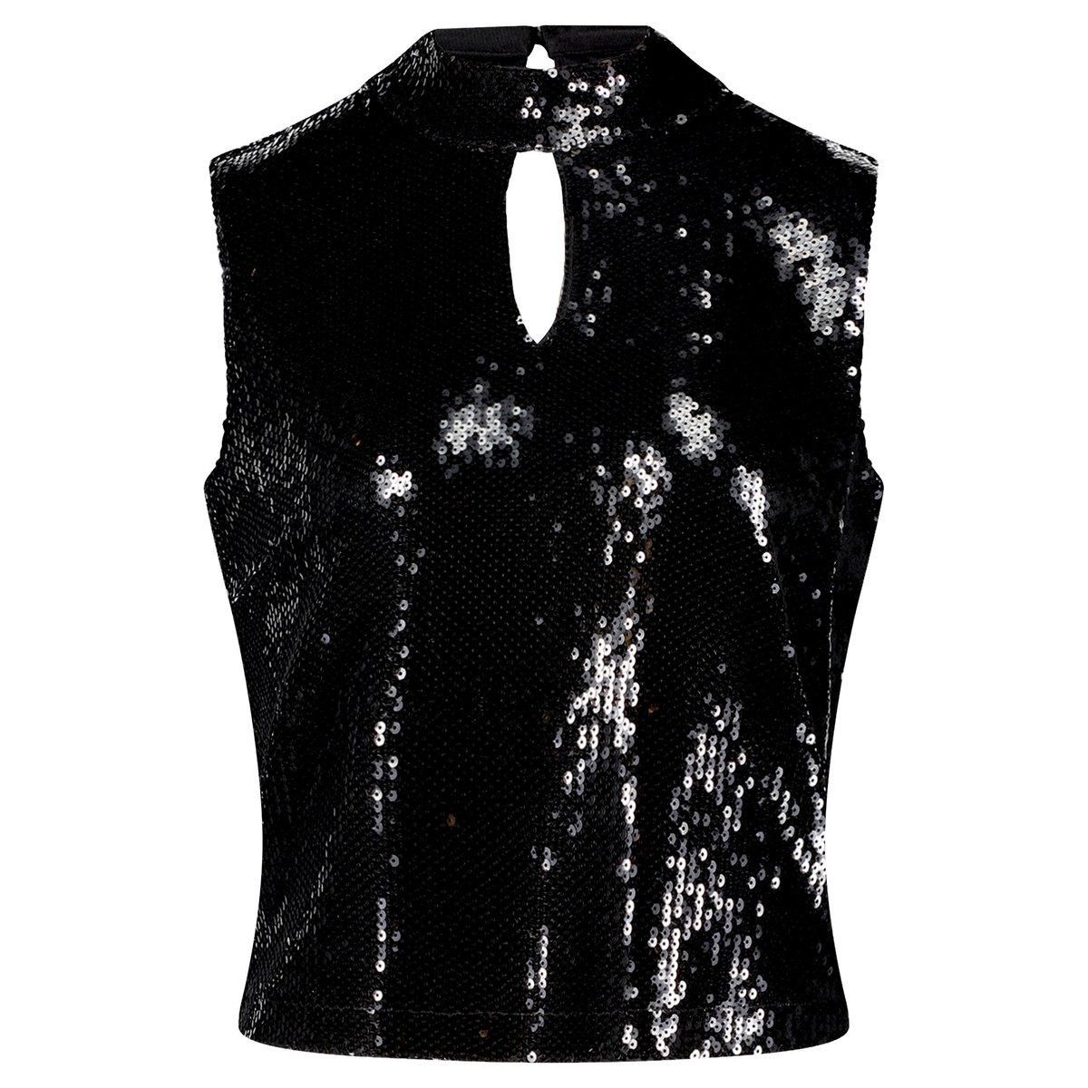 Top à paillettes à col droit noir, VERA MONT