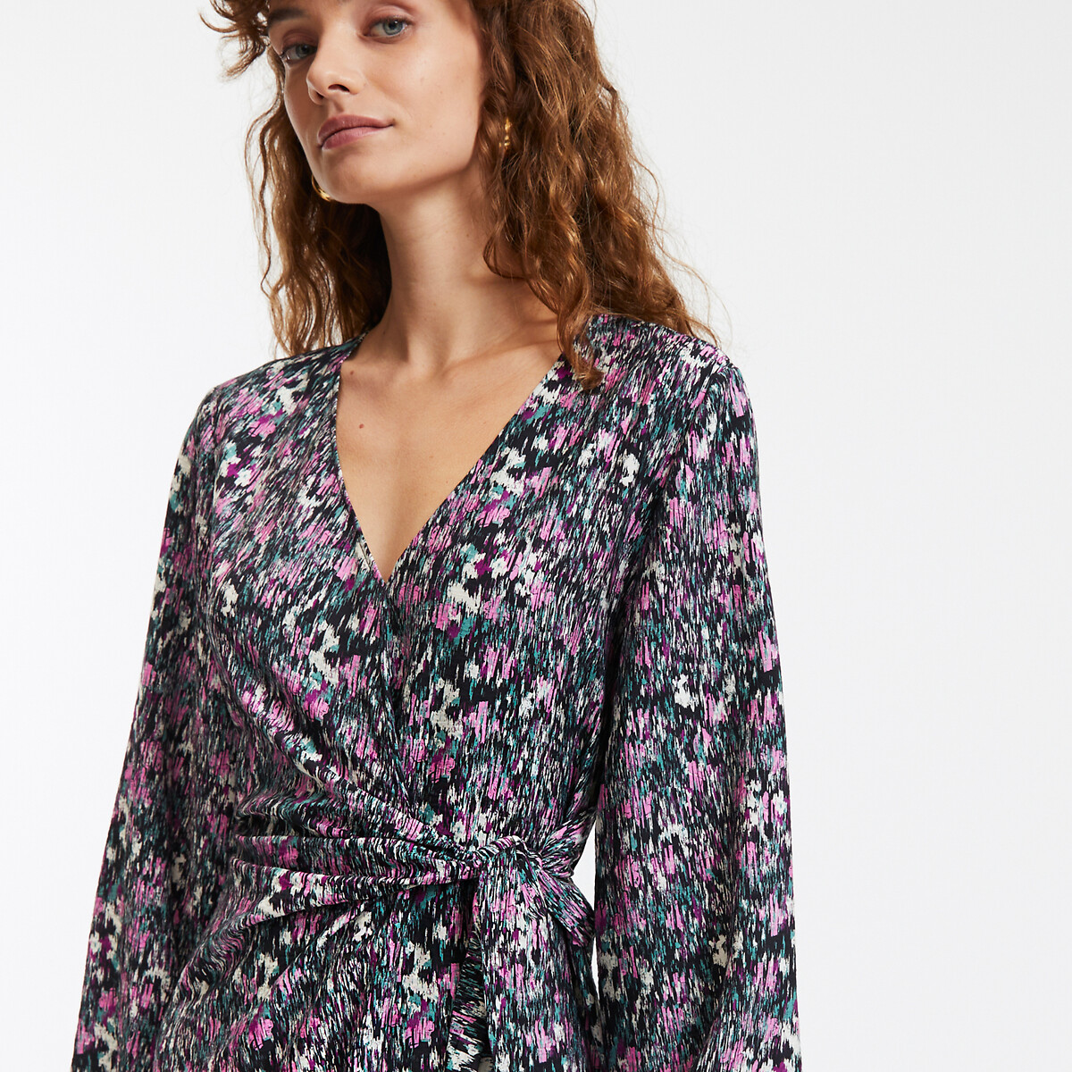 Straight Midi-Length Dress with Print and V-Neck black print/pink, LA REDOUTE COLLECTIONS