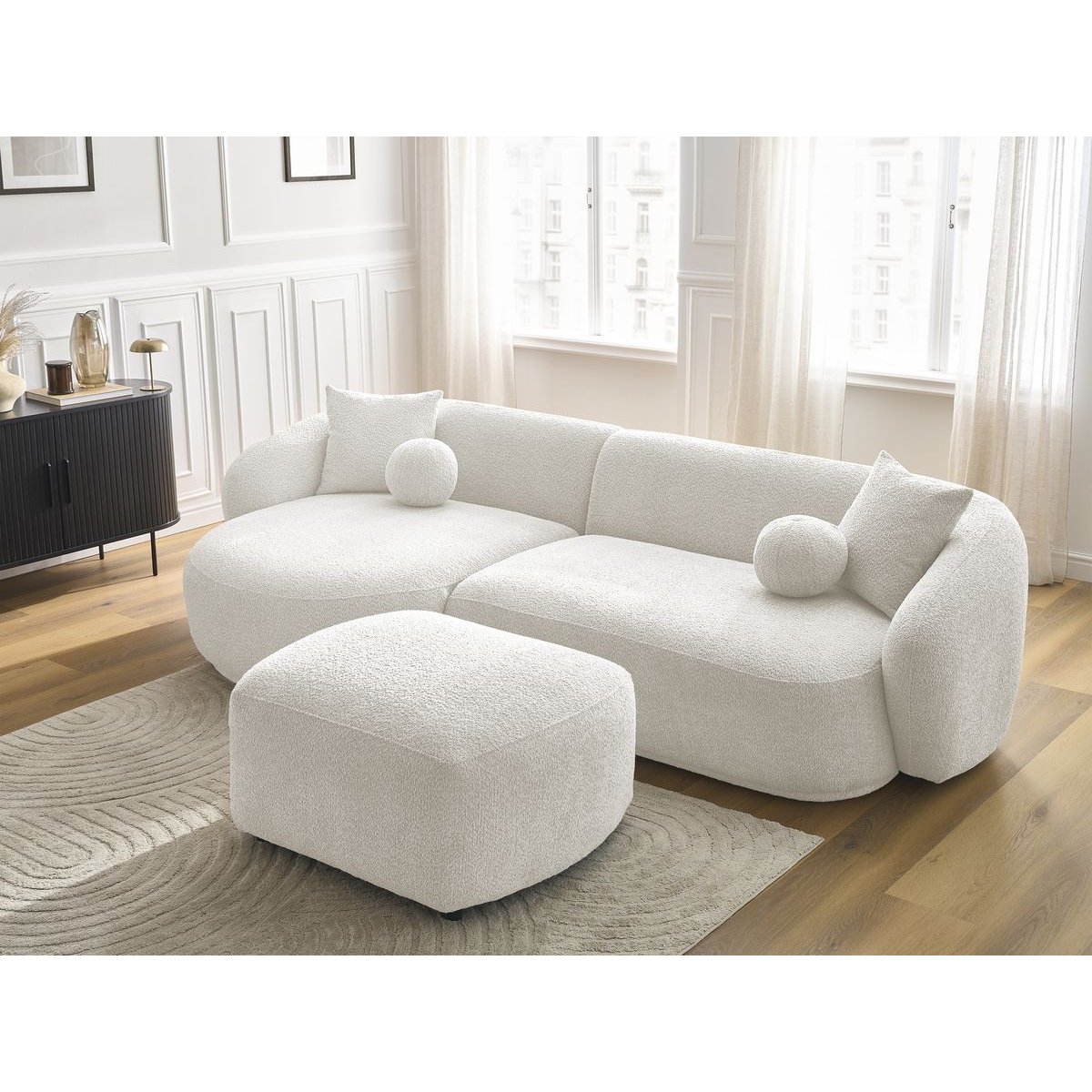 Canapé d'angle fixe 4 places en tissu bouclette avec pouf, ASHLEY blanc, BOBOCHIC