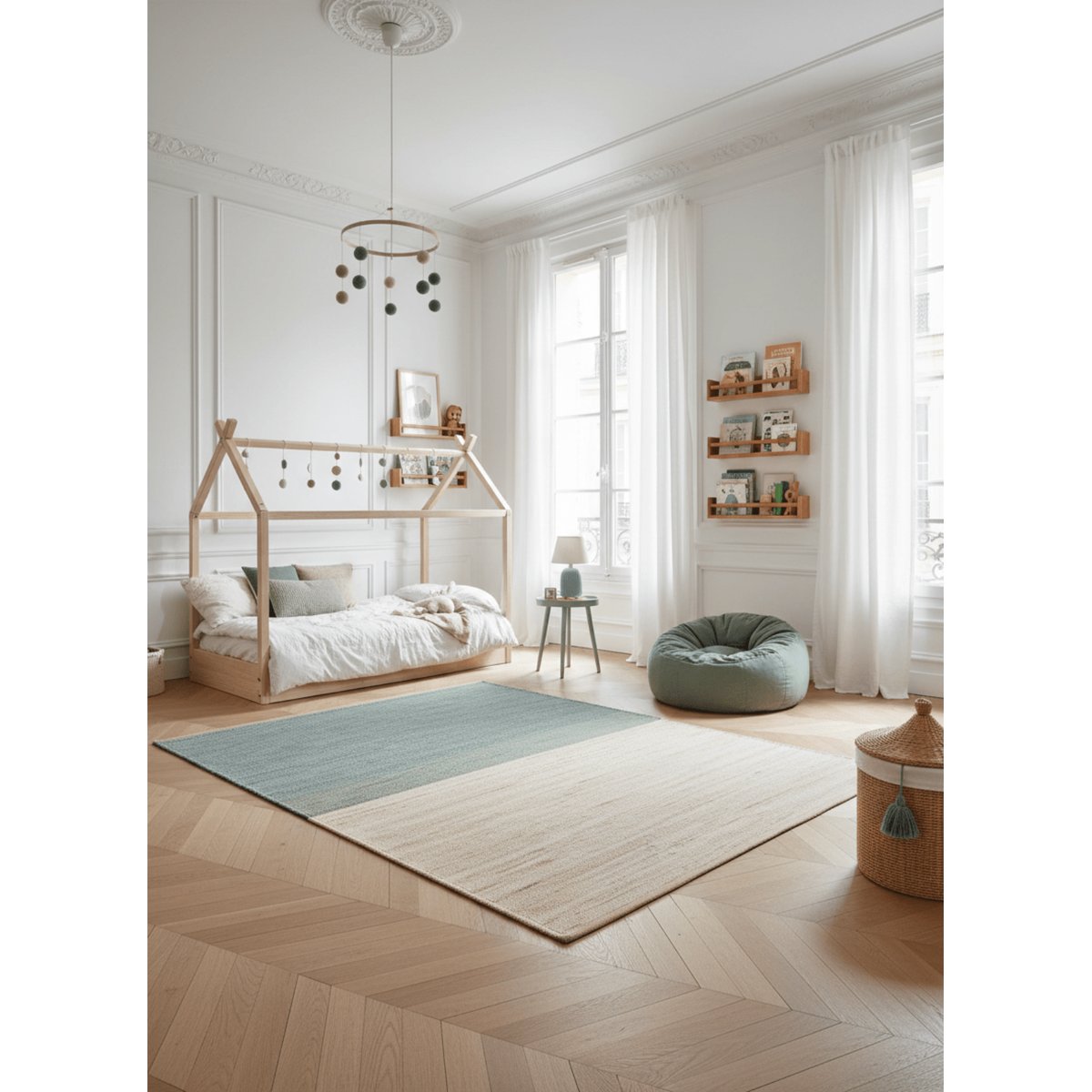 Tapis design en jute tissé main BANDOL bleu naturel, AFK LIVING