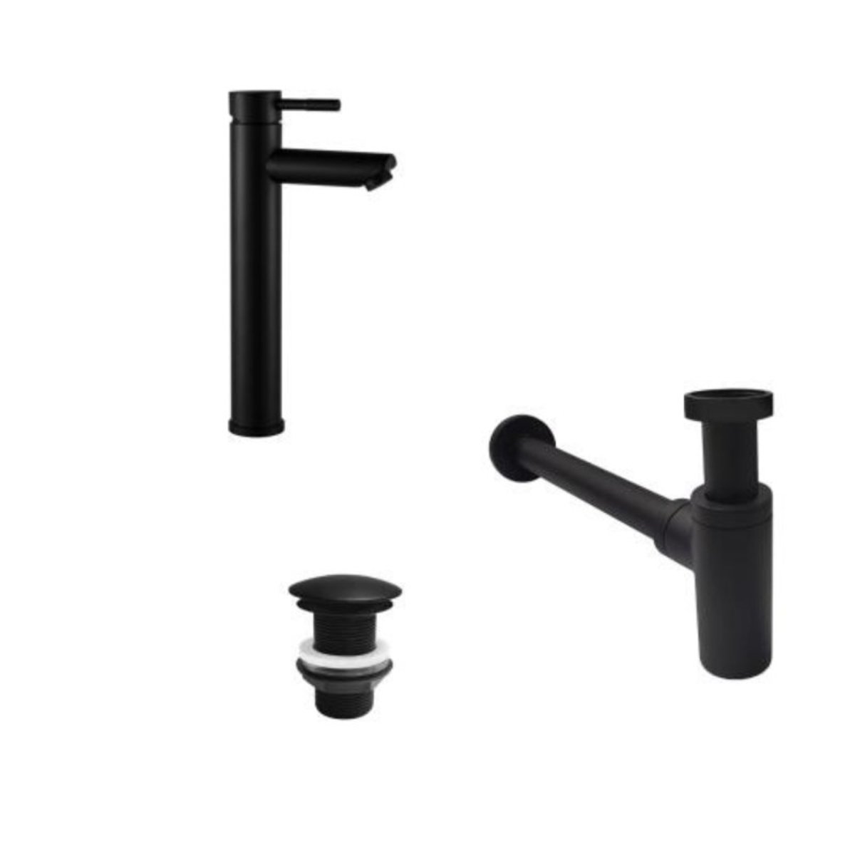 Robinet bec haut GRIFO + bonde LIV + siphon SIMON noir, MOB IN