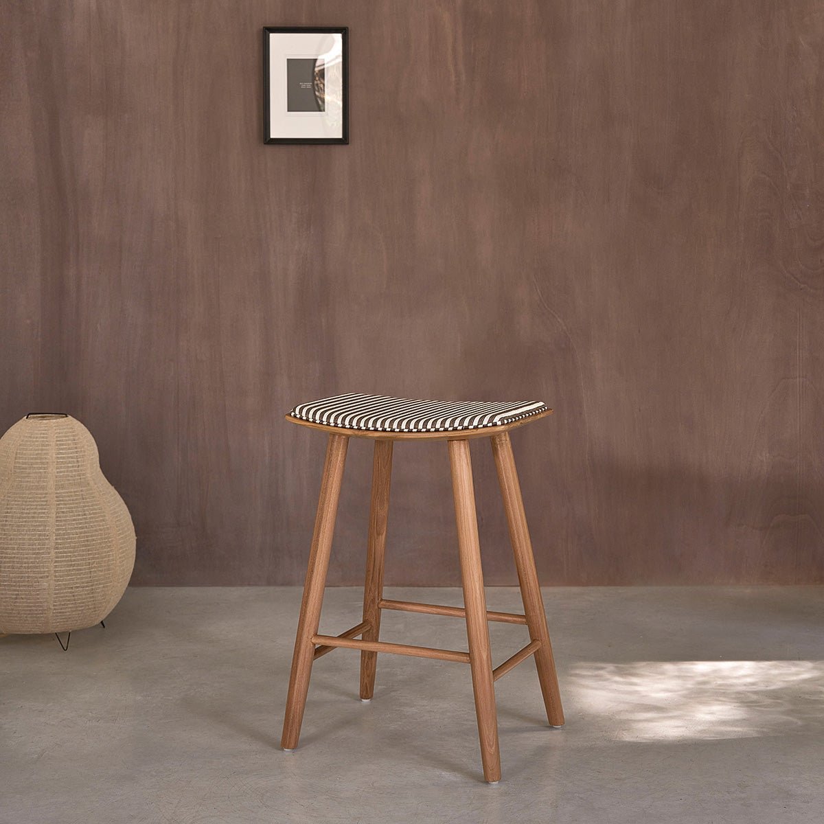 Tabouret de bar en teck massif et tissu rayé AMBRE rayure_marron_beige, BERAH GETAH