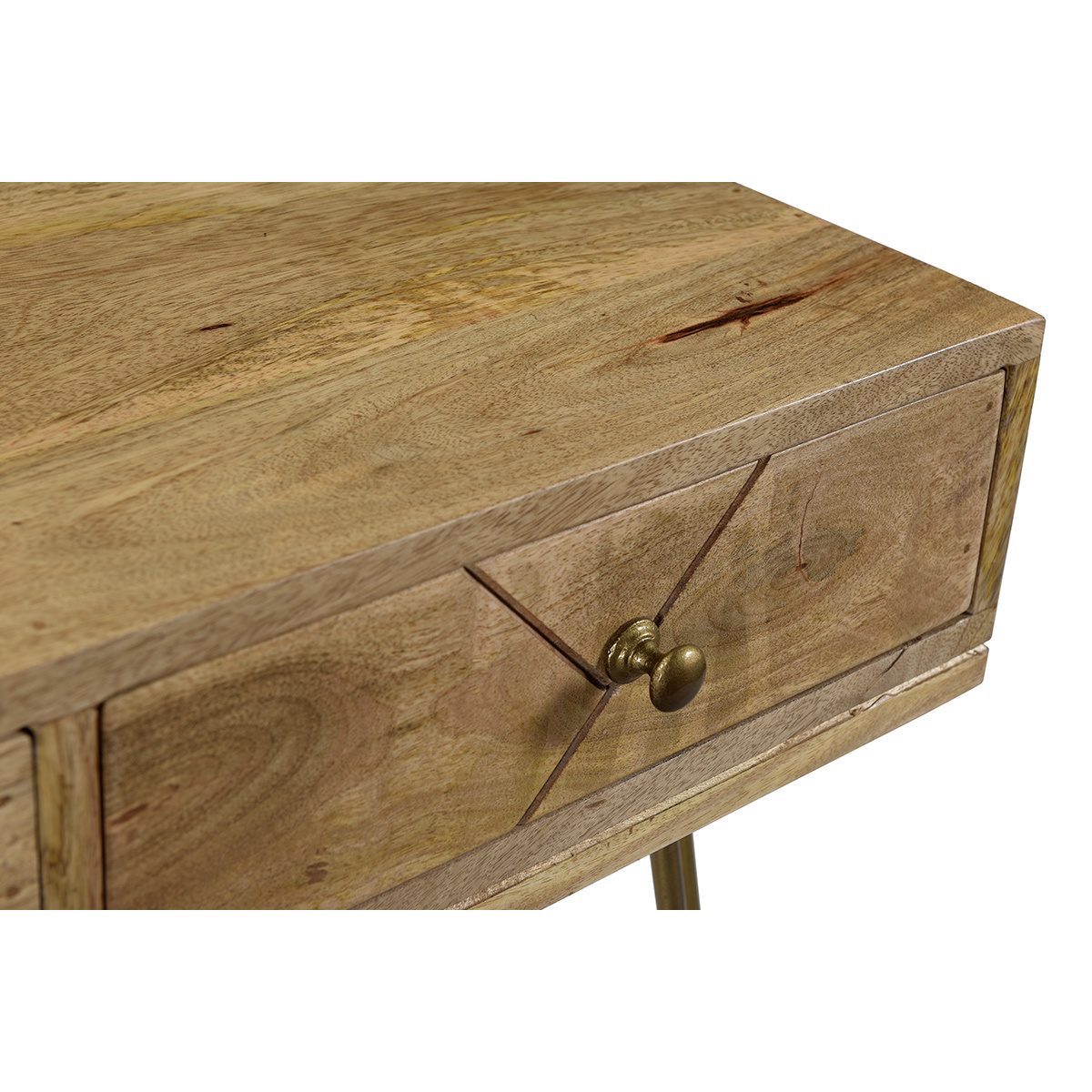 Console avec rangements 3 tiroirs en bois manguier massif gravé et métal doré L120 cm LINIUM naturel, MILIBOO