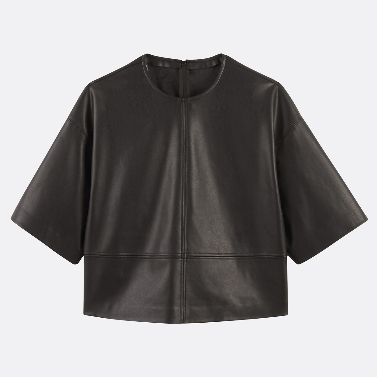 Faux Leather Blouse with Crew Neck and 3/4 Length Sleeves black, LA REDOUTE COLLECTIONS