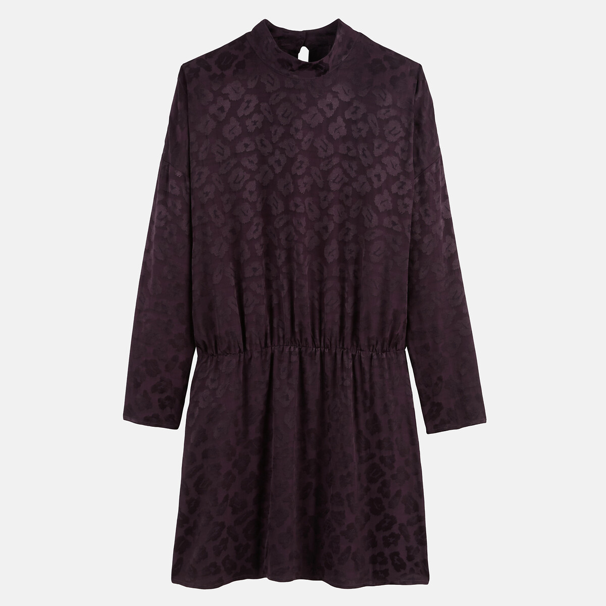 Robe courte, manches longues, en satin jacquard motif léopard violet aubergine, LA REDOUTE COLLECTIONS