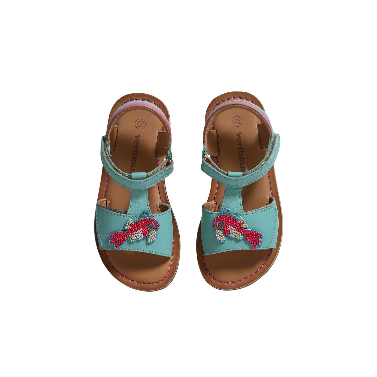 Sandales scratchées cuir enfant collection maternelle turquoise, VERTBAUDET