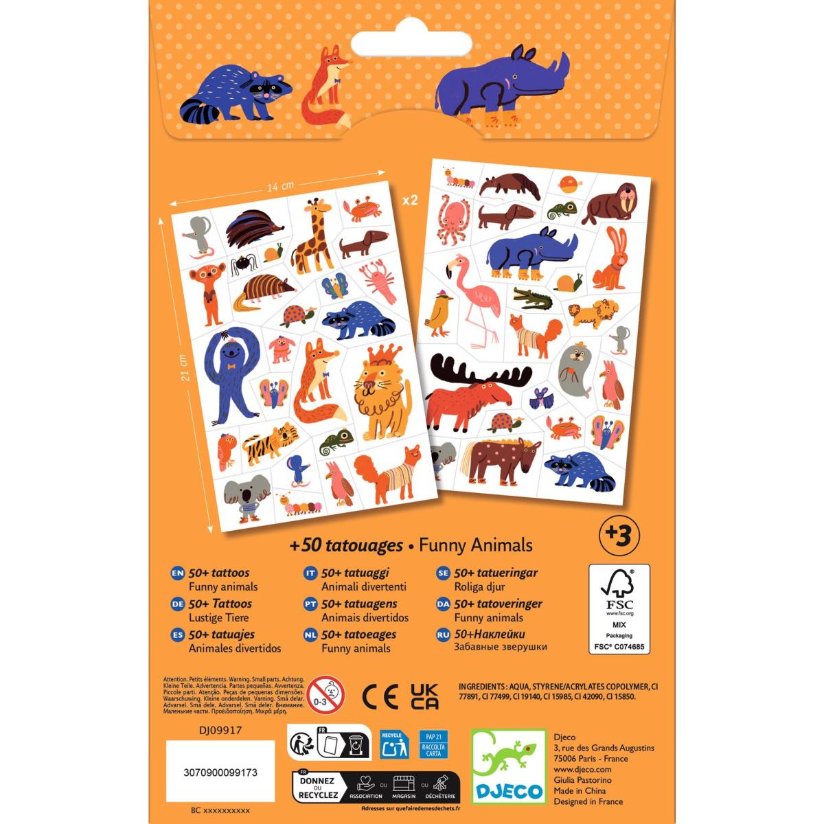 Tatouages Funny Animals 2 planchettes couleur unique, DJECO
