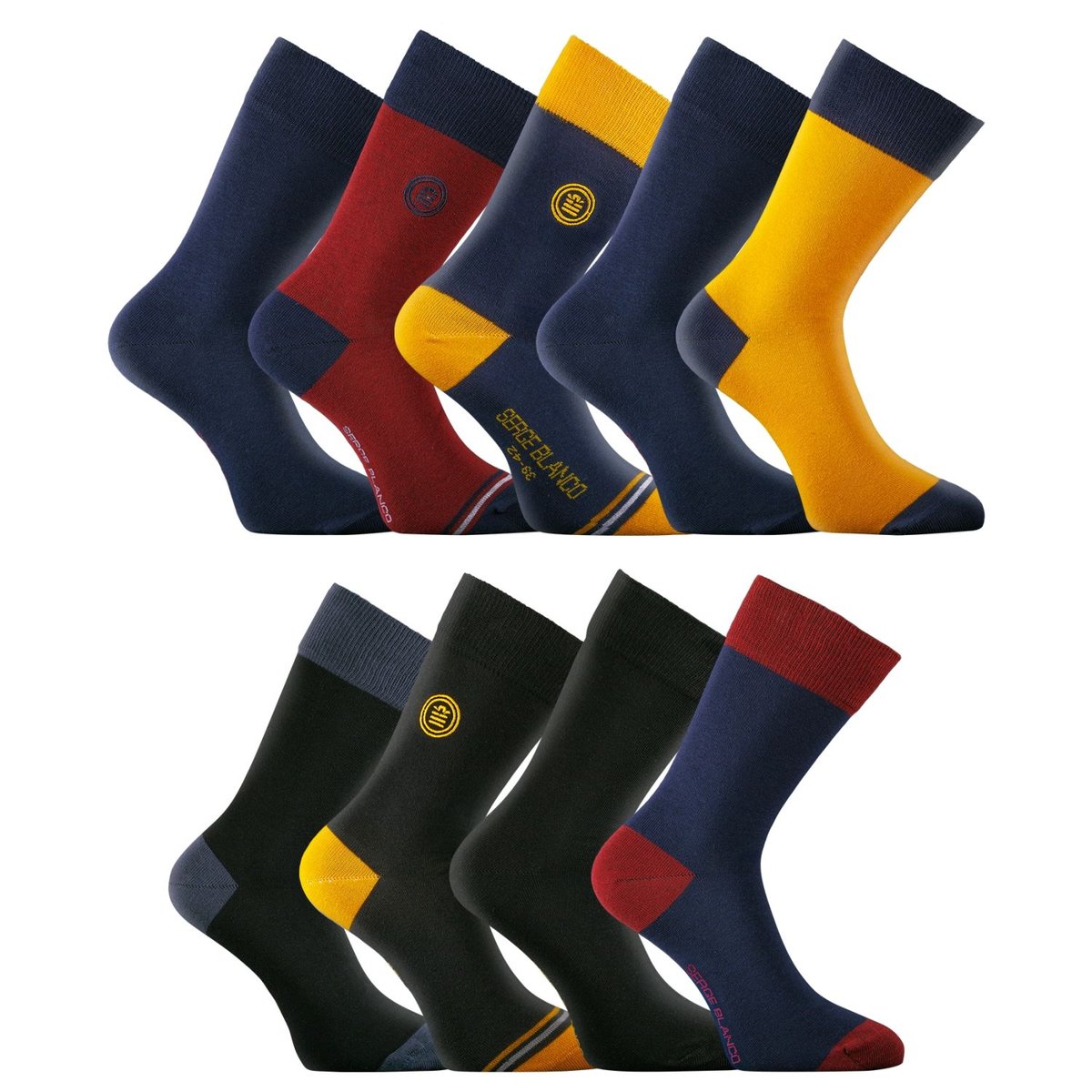 Lot De 9 Paires De Chaussettes De Ville Coton Peigné Doux noir/gris/bleu/rouge/jaune, SERGE BLANCO