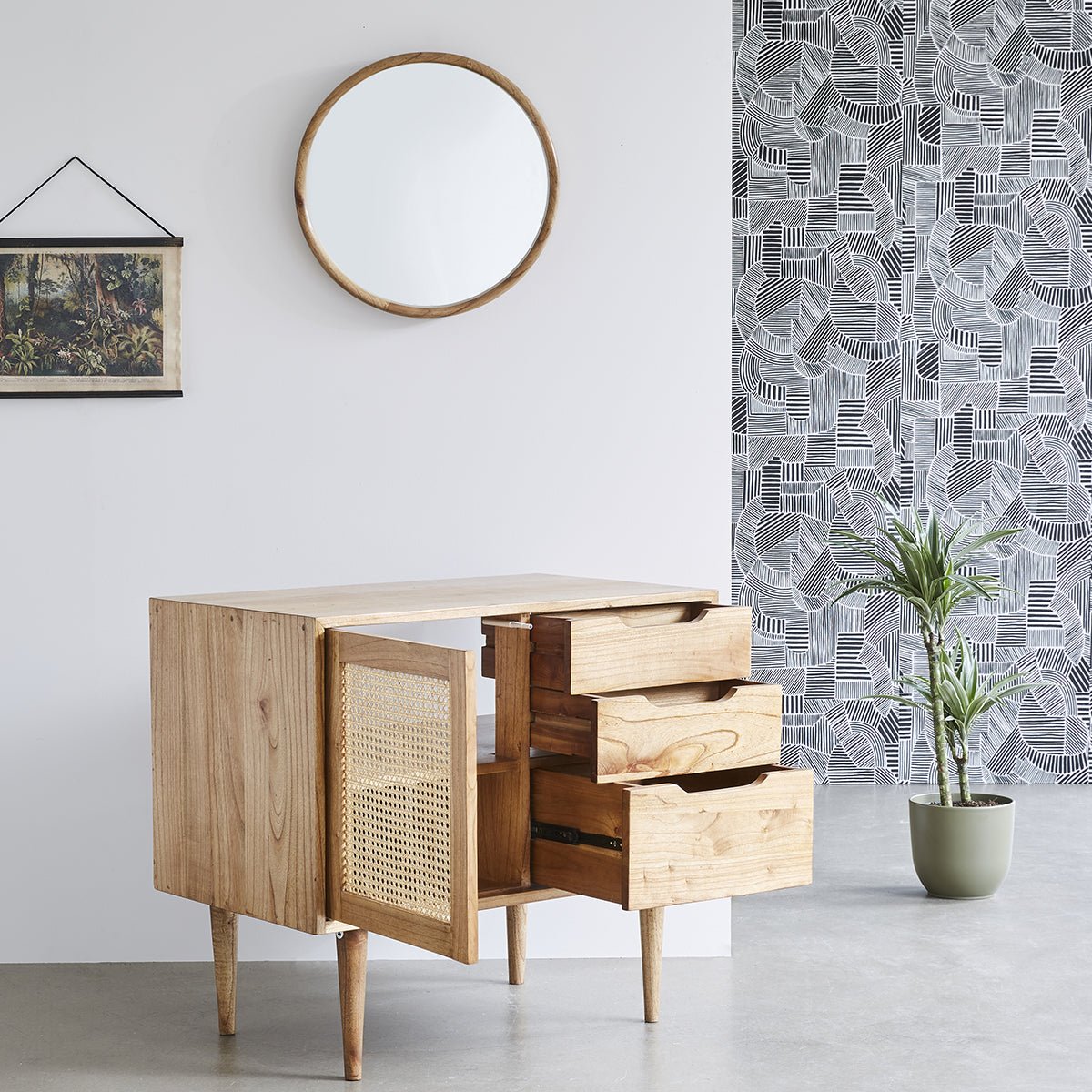 Meuble de salle de bain en mindi massif et cannage 85 cm HANA naturel, BERAH GETAH