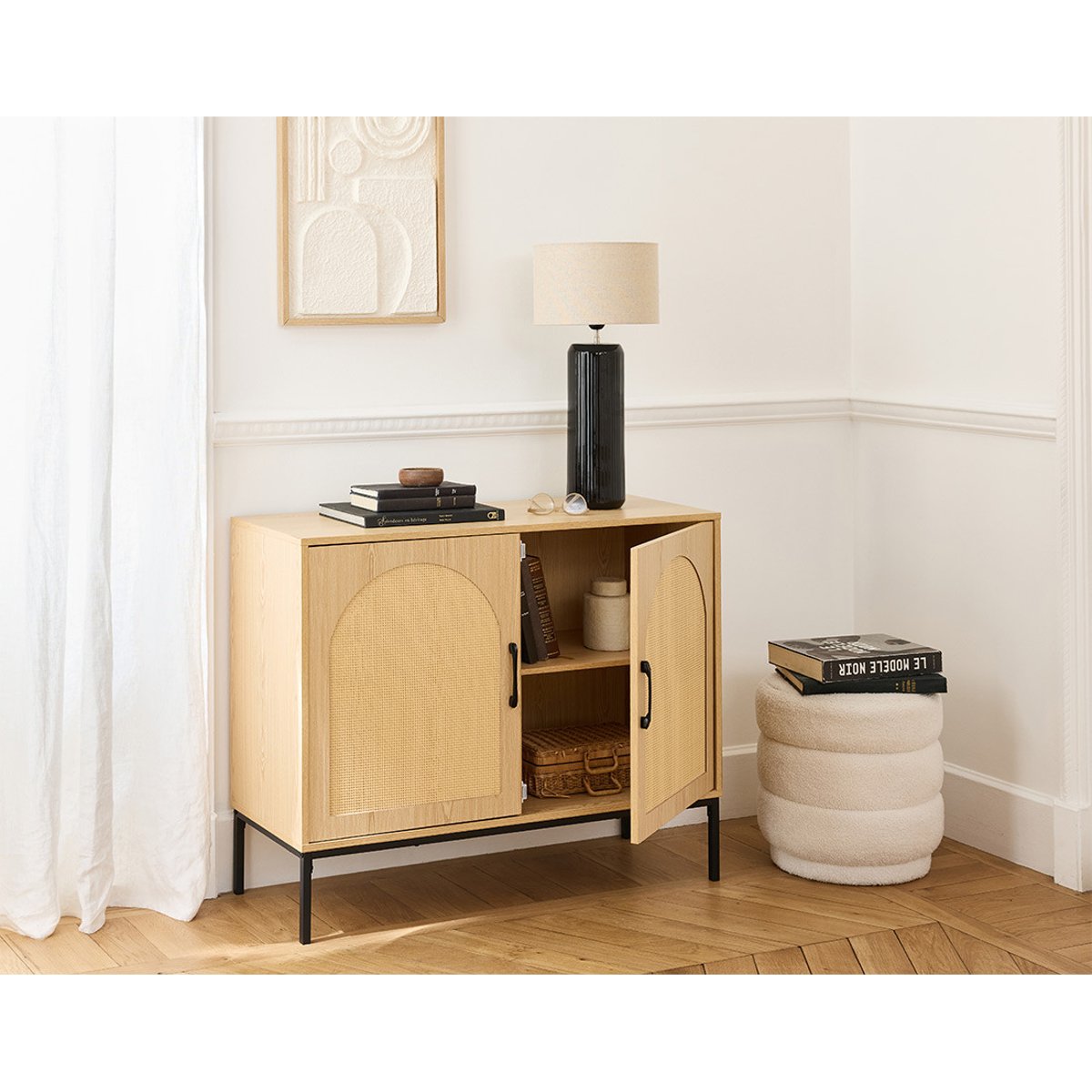 Buffet bas cannage et effet bois 2 portes, NAGATO bois / noir, BEST MOBILIER
