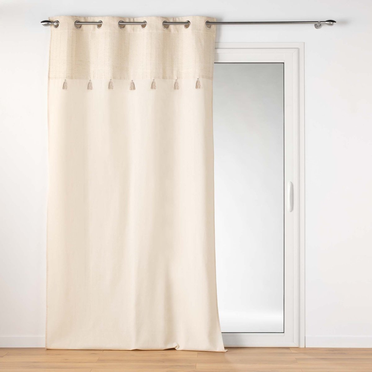 Rideau à œillets avec top métallisé et pompons naturel, DOUCEUR D'INTÉRIEUR