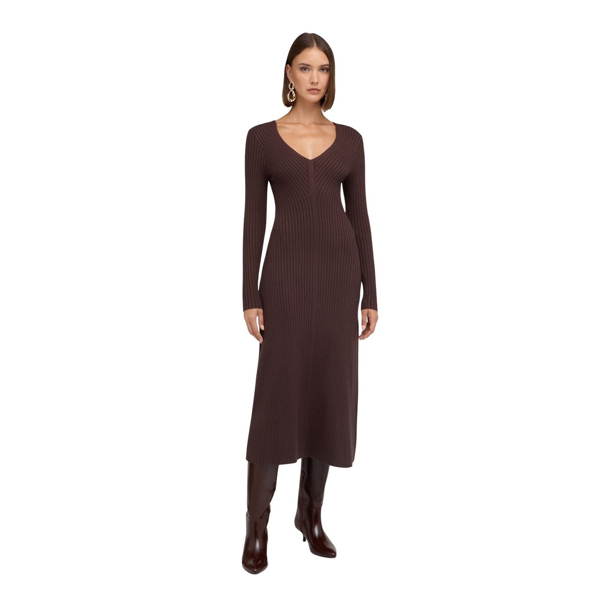 Robe évasée côtelée marron, MOTIVI