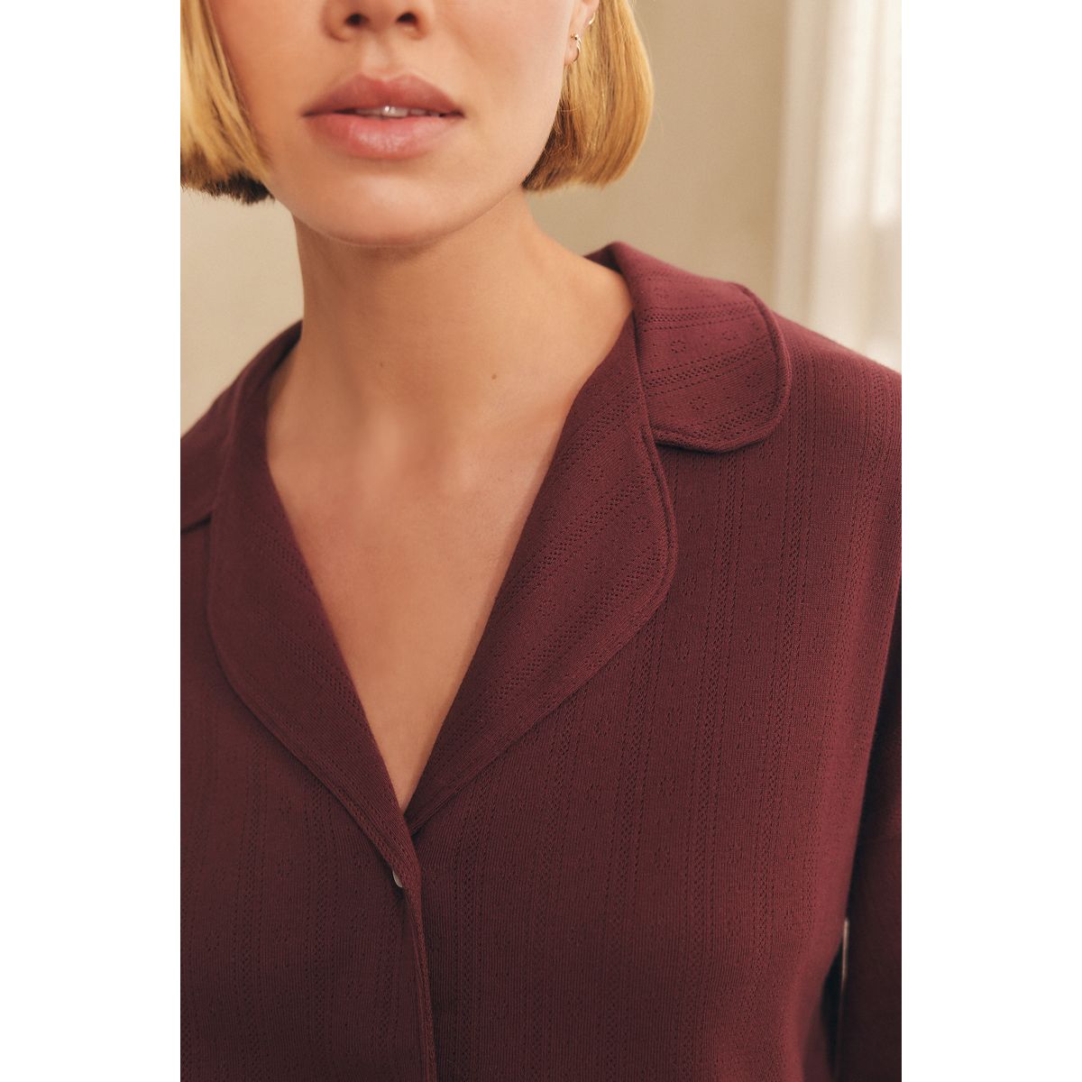 Pyjama boutonné en pointelle avec short rouge bordeaux, NEXT