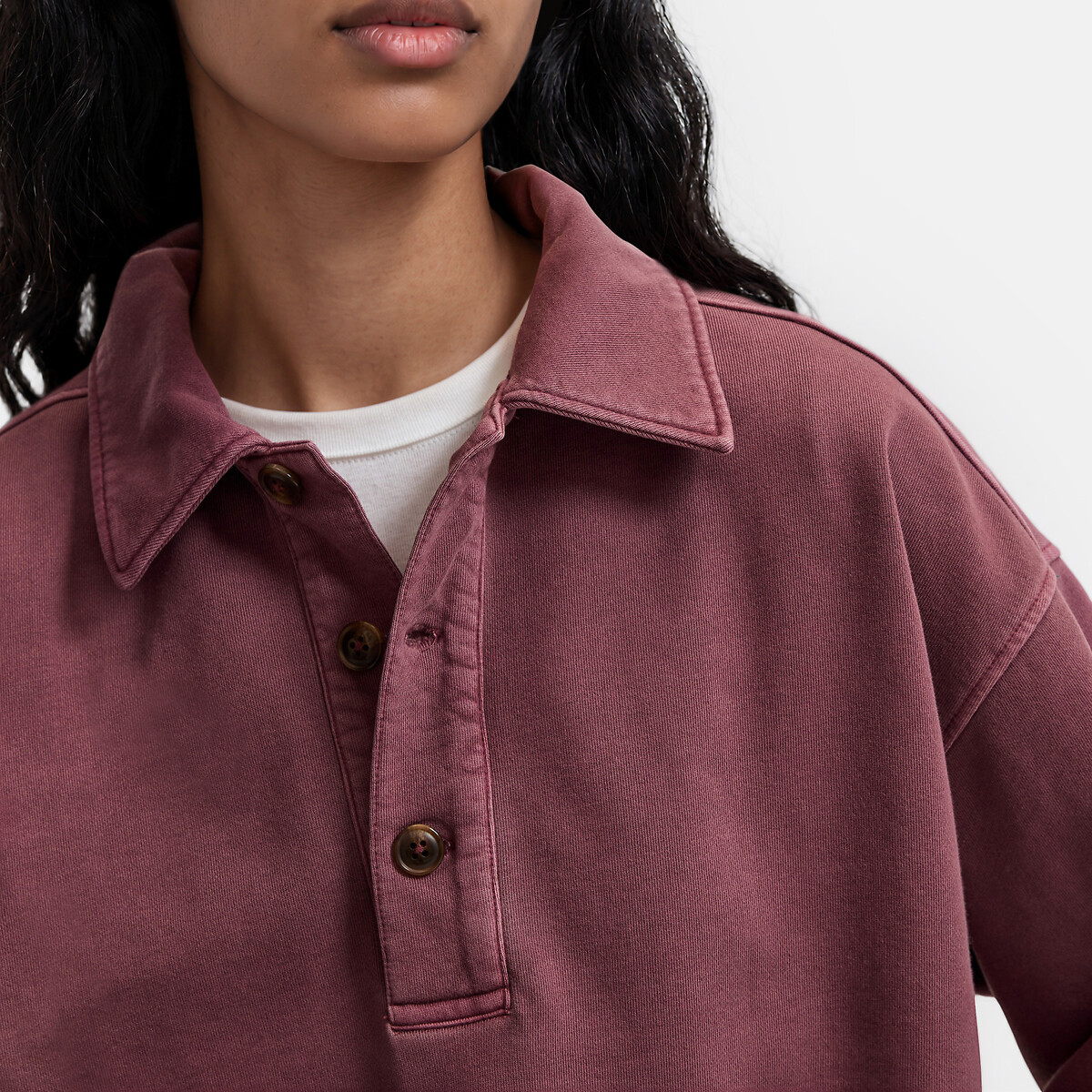 Sudadera cuello polo, algodón puro burdeos, LA REDOUTE COLLECTIONS