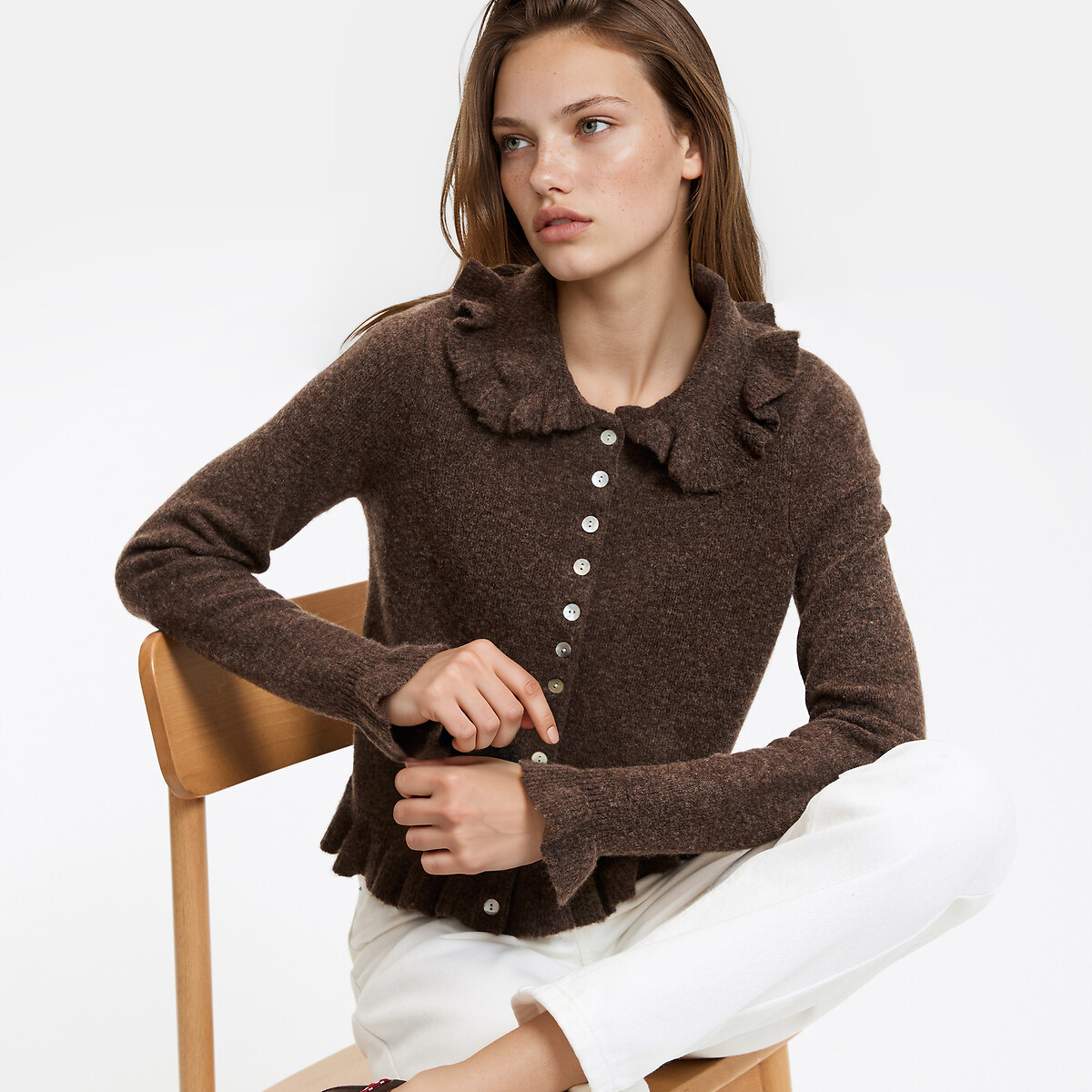 Cardigan col Claudine avec détails volants marron, LA REDOUTE COLLECTIONS