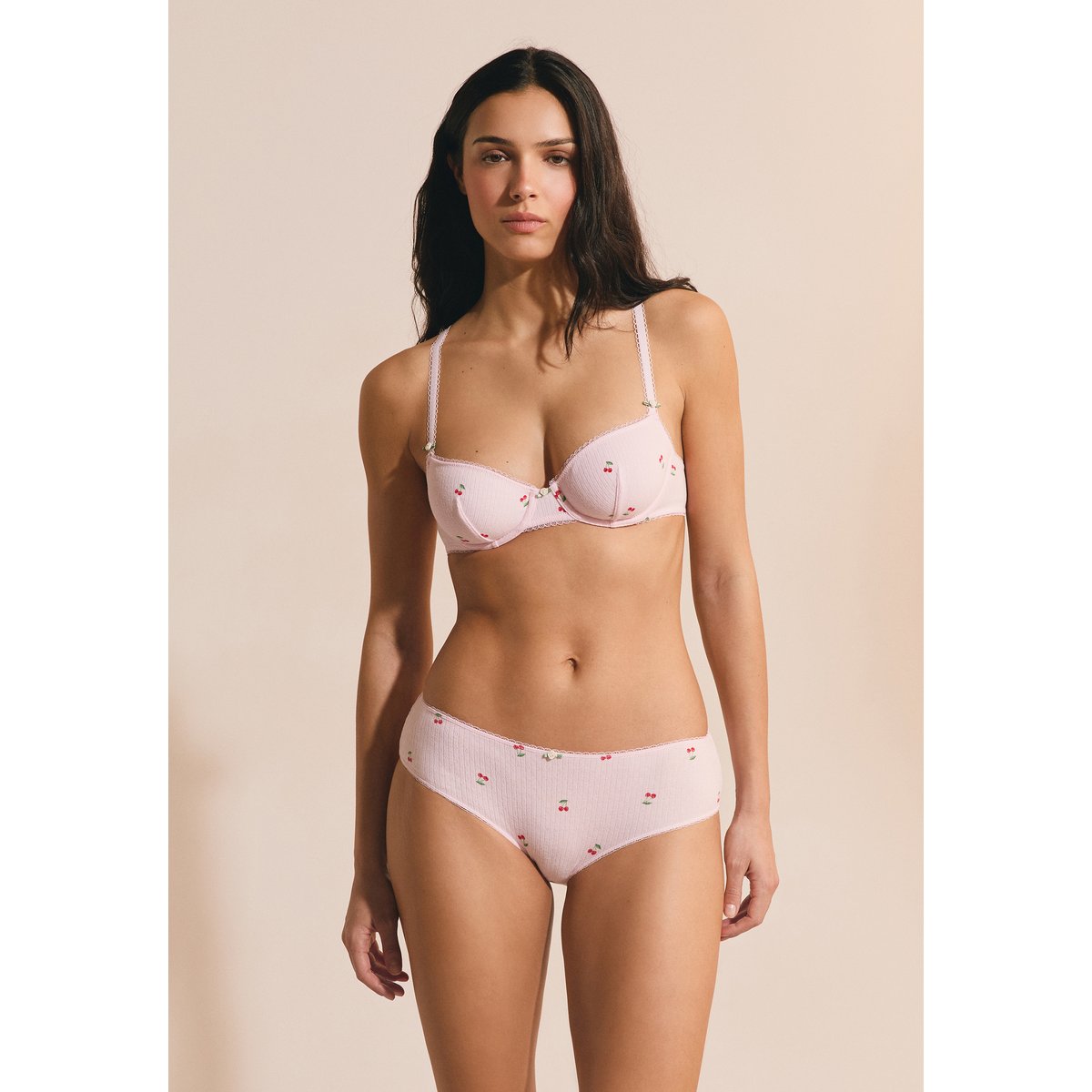 Soutien-gorge balconnet en coton pointelle à motifs SLEEPOVER imp fond rose, ETAM