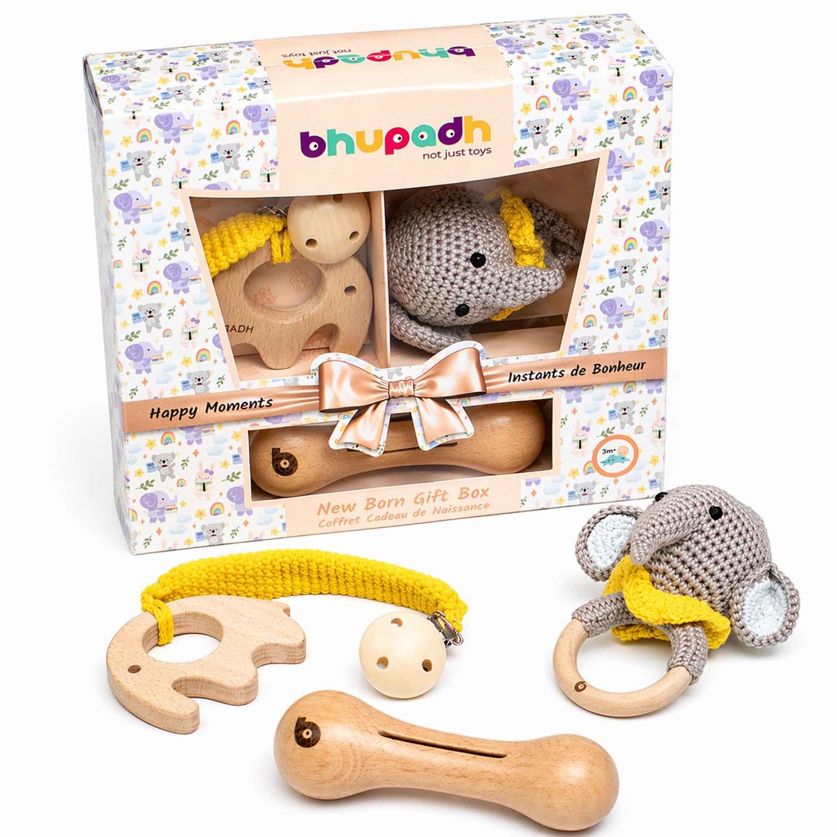 Coffret de 3 hochets en coton et bois naturel SENSO elephant, SEVIRA KIDS
