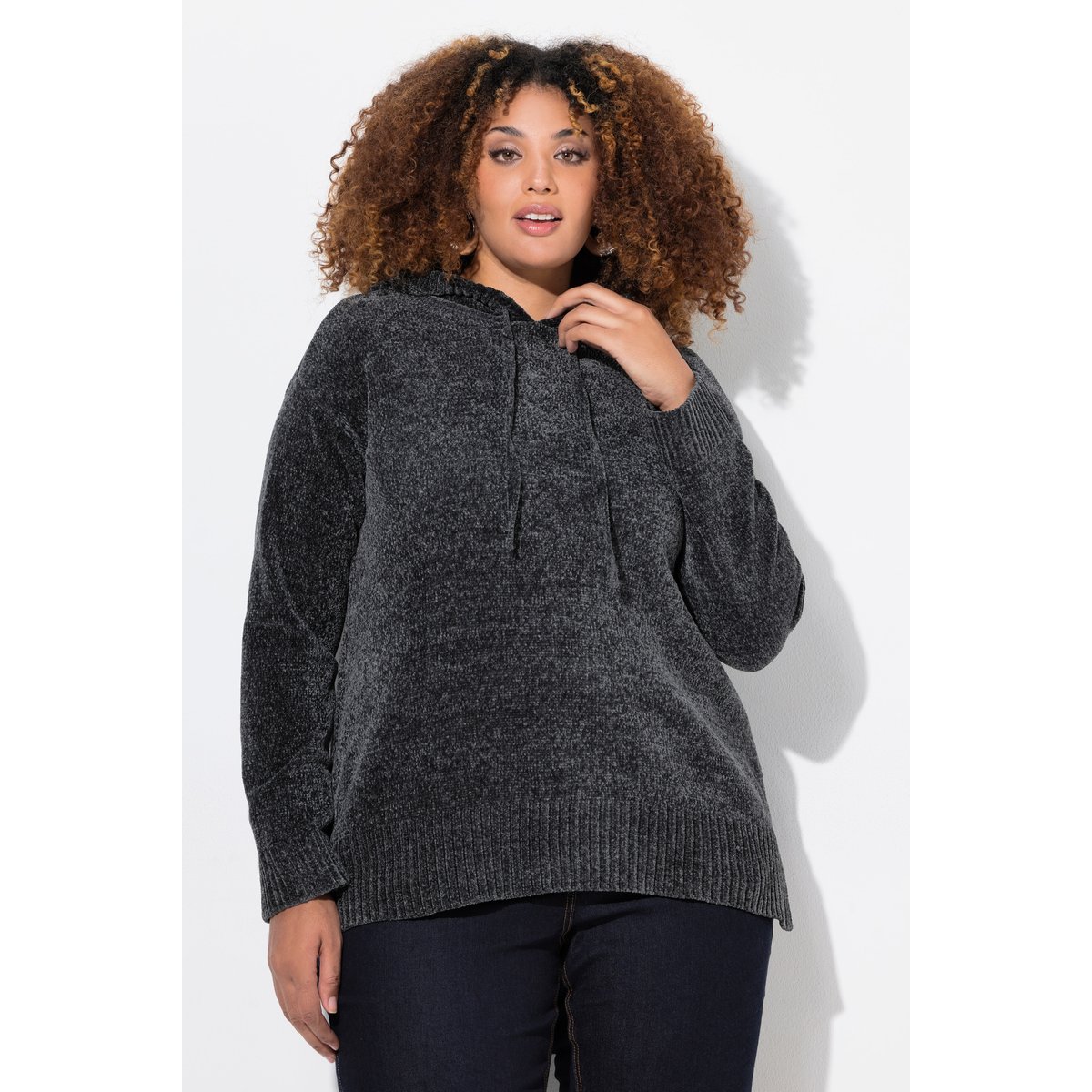 Sweat-shirt en maille chenille gris graphite, ULLA POPKEN