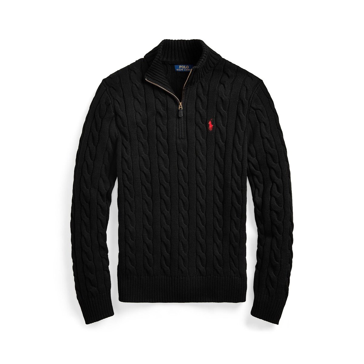 Half Zip Zopfmusterpullover aus Baumwolle schwarz, POLO RALPH LAUREN