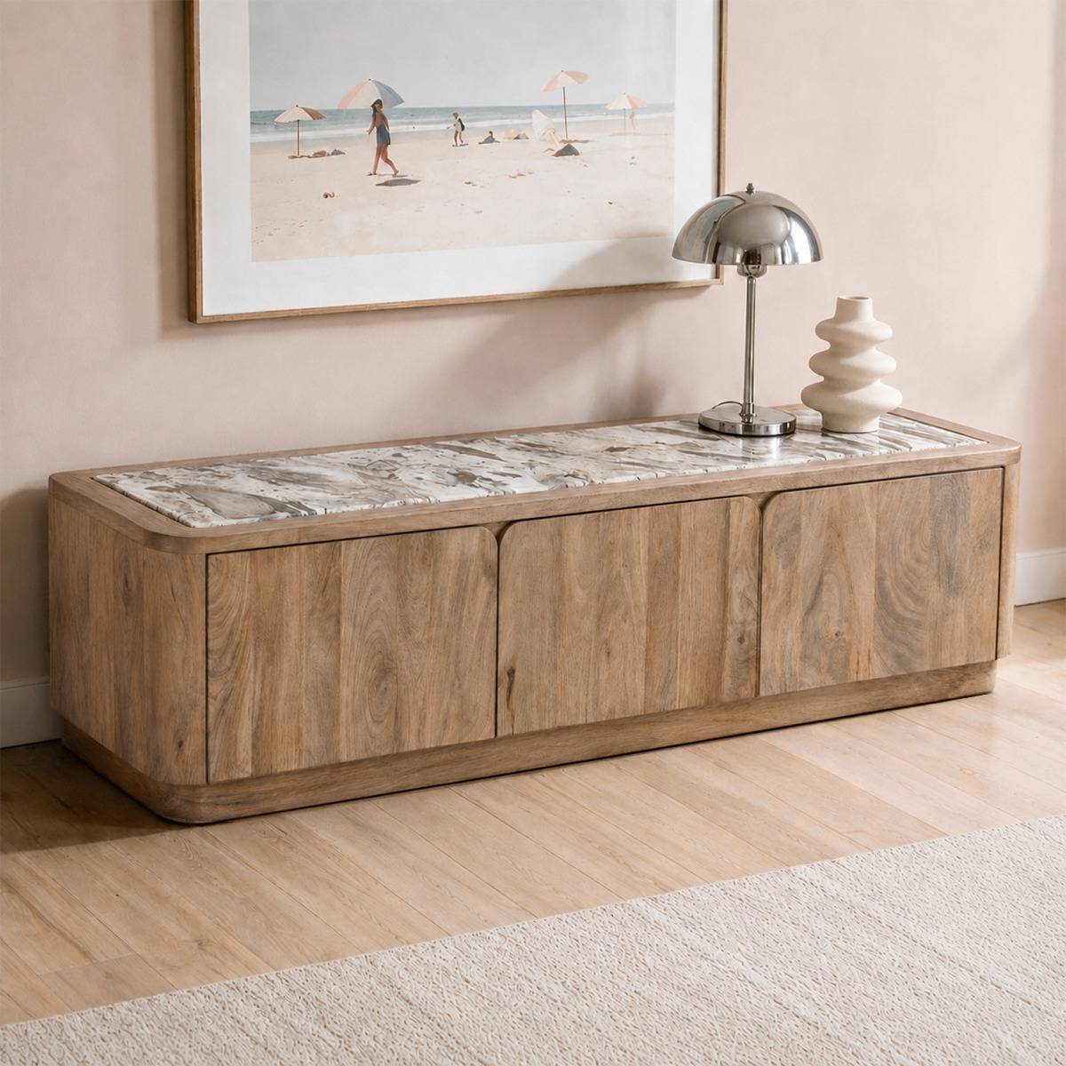 Meuble TV en manguier et marbre LUMEYA bois clair, MADE IN MEUBLES 