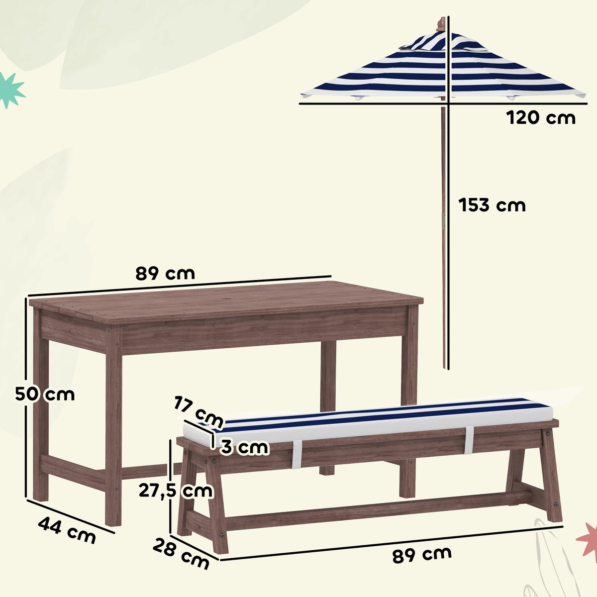 Ensemble de table et chaises de jardin pour marron, bleu et blanc, AIYAPLAY