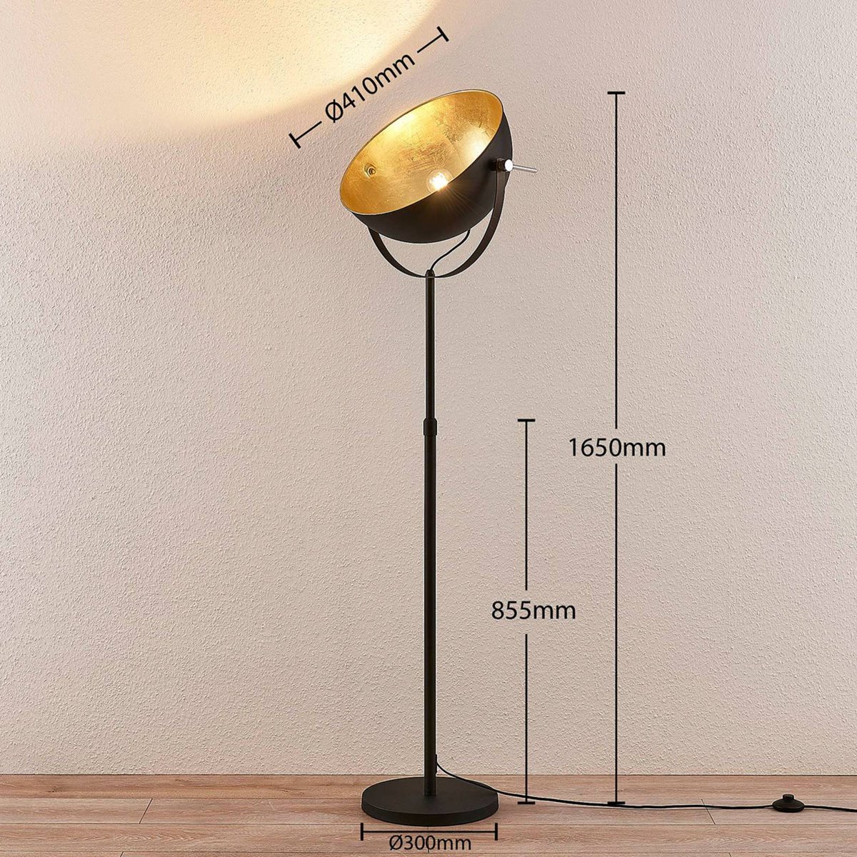 Lampadaire en métal moderne, Muriel noir, or, LINDBY