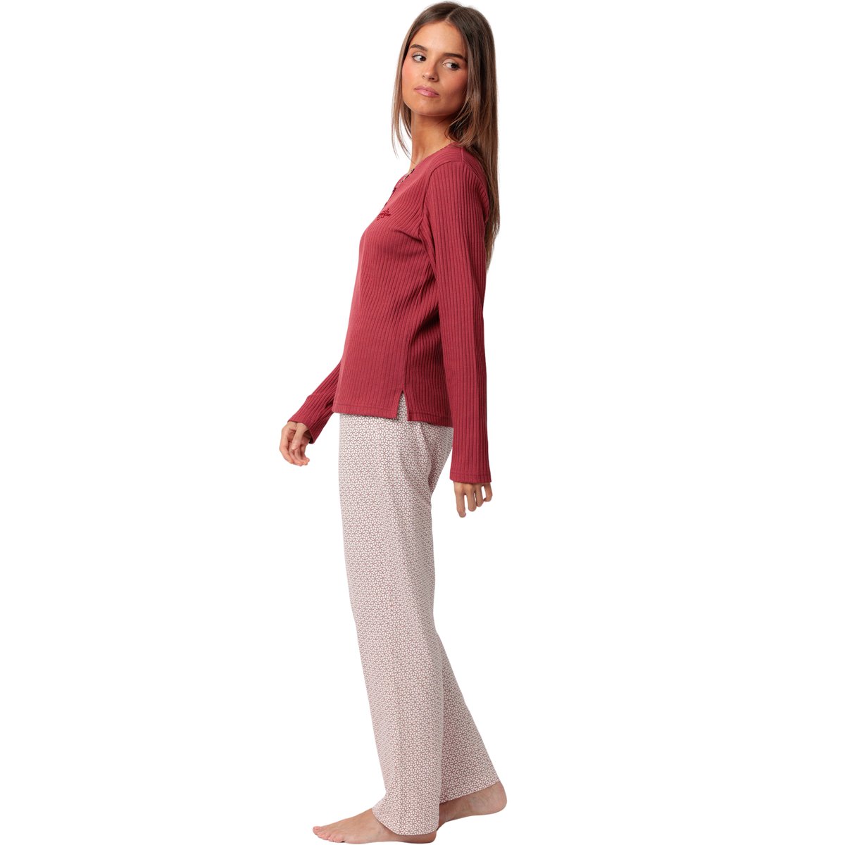 Pyjama pantalon top manches longues Geometric Flower bordeaux, ADMAS